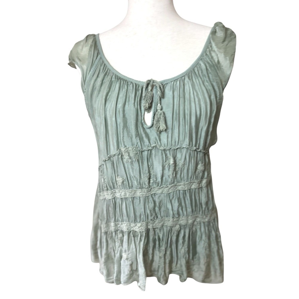 Tempo Paris Sage Green Boho Peasant Tunic Top